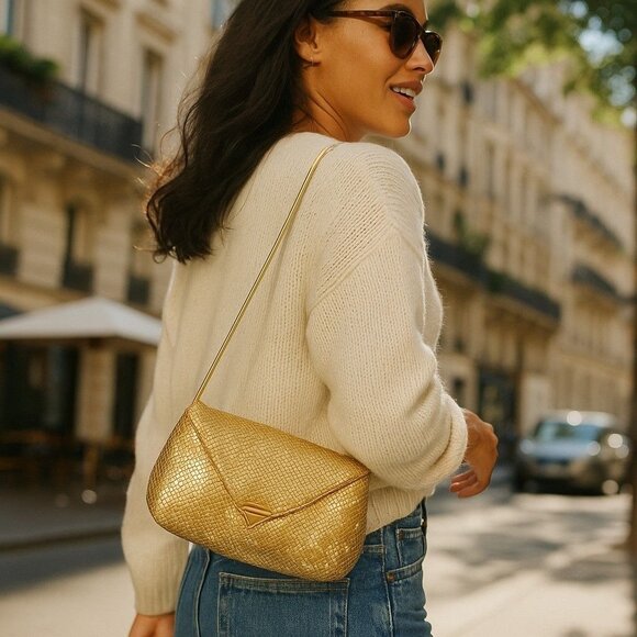 Vintage 802 Gold Metallic Mesh Purse Crossbody Envelope Evening Club Disco‎ - Picture 1 of 10